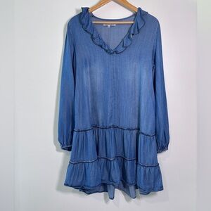 Penelope Rose Chambray Blue Long Sleeve Ruffled V-Neck Tiered Swing Dress Small